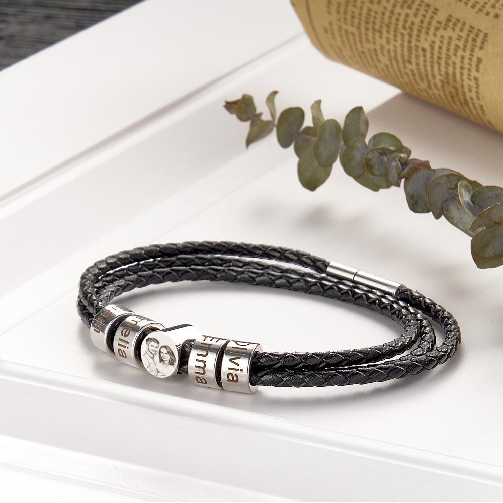 Bracelet En Cuir Personnalisé Pour Homme, Gravé De 2 À 6 Noms, Avec Perles, Pour Père - CustWitFR