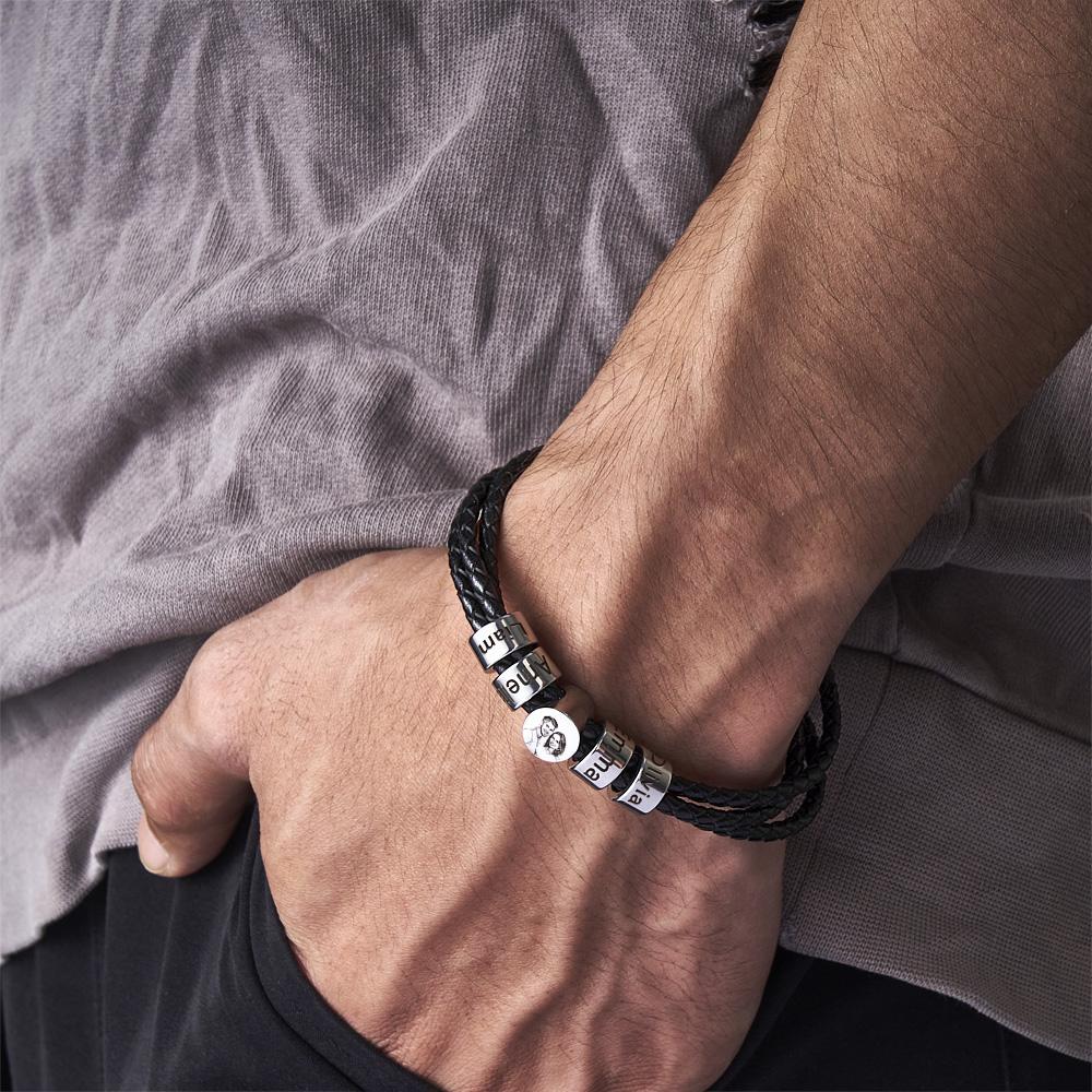 Bracelet En Cuir Personnalisé Pour Homme, Gravé De 2 À 6 Noms, Avec Perles, Pour Père - CustWitFR