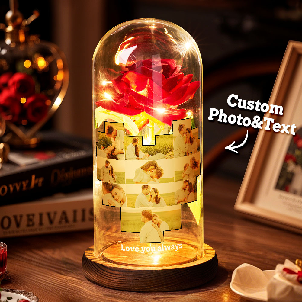 Veilleuse Led Personnalisée Avec Photo Et Texte En Forme De Cœur, Rose Éternelle, Avec Couvercle En Verre, Pour Un Cadeau D'anniversaire Idéal Pour Les Amoureux - CustWitFR