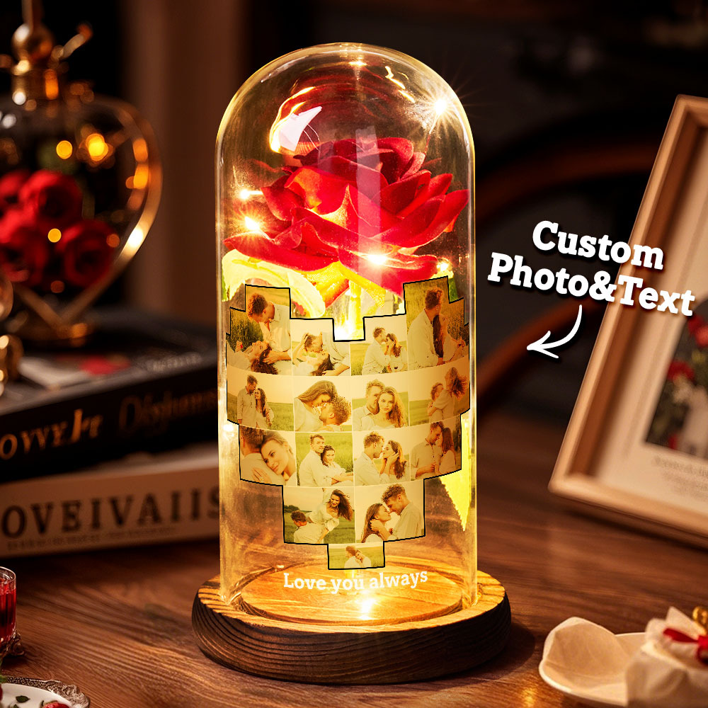 Veilleuse Led Personnalisée Avec Photo Et Texte En Forme De Cœur, Rose Éternelle, Avec Couvercle En Verre, Pour Un Cadeau D'anniversaire Idéal Pour Les Amoureux - CustWitFR
