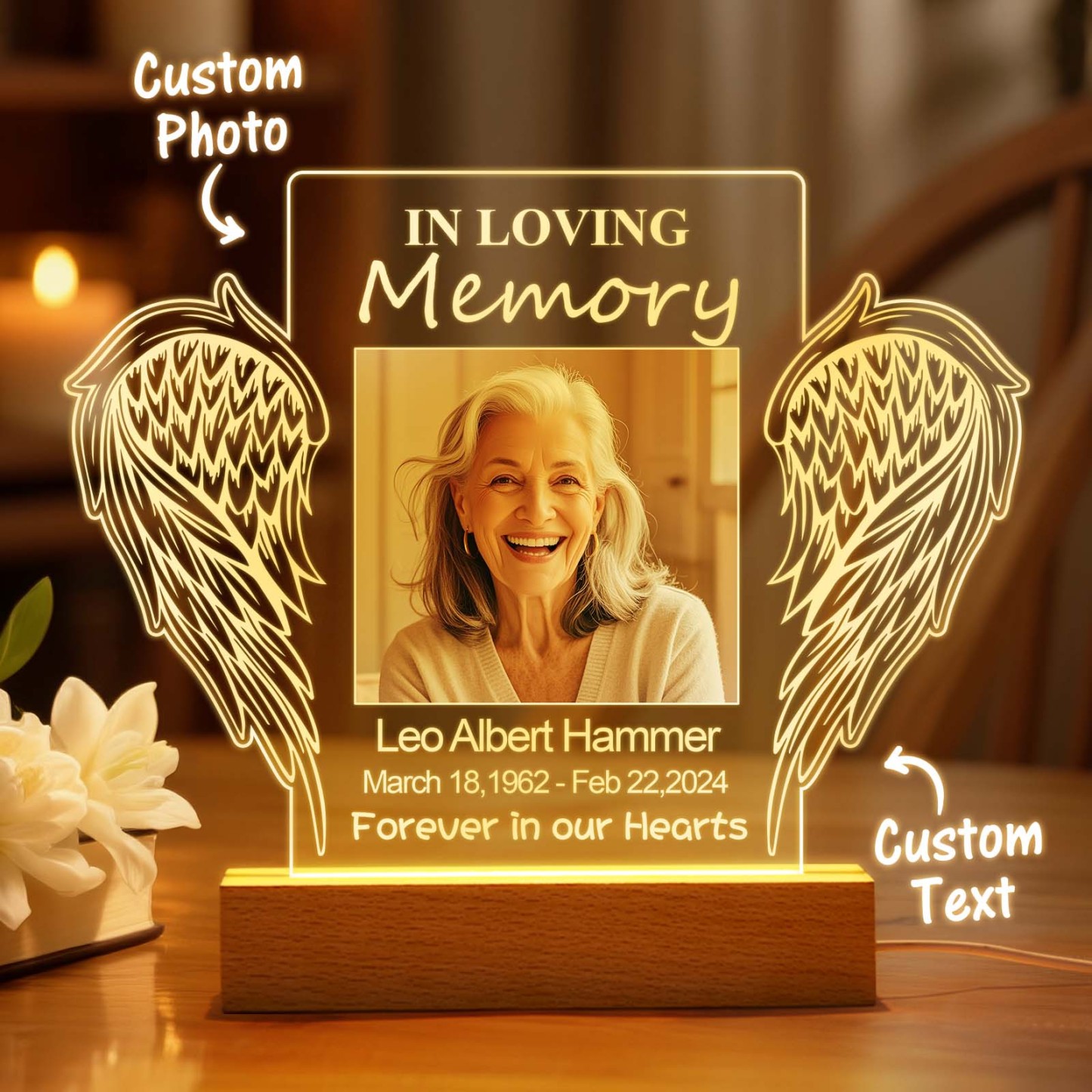 Veilleuse Commémorative Personnalisée En Forme D'ailes D'ange Avec Nom Photo En Mémoire De Papa, Maman, Ami, Cadeau De Sympathie Pour La Perte D'un Être Cher - CustWitFR