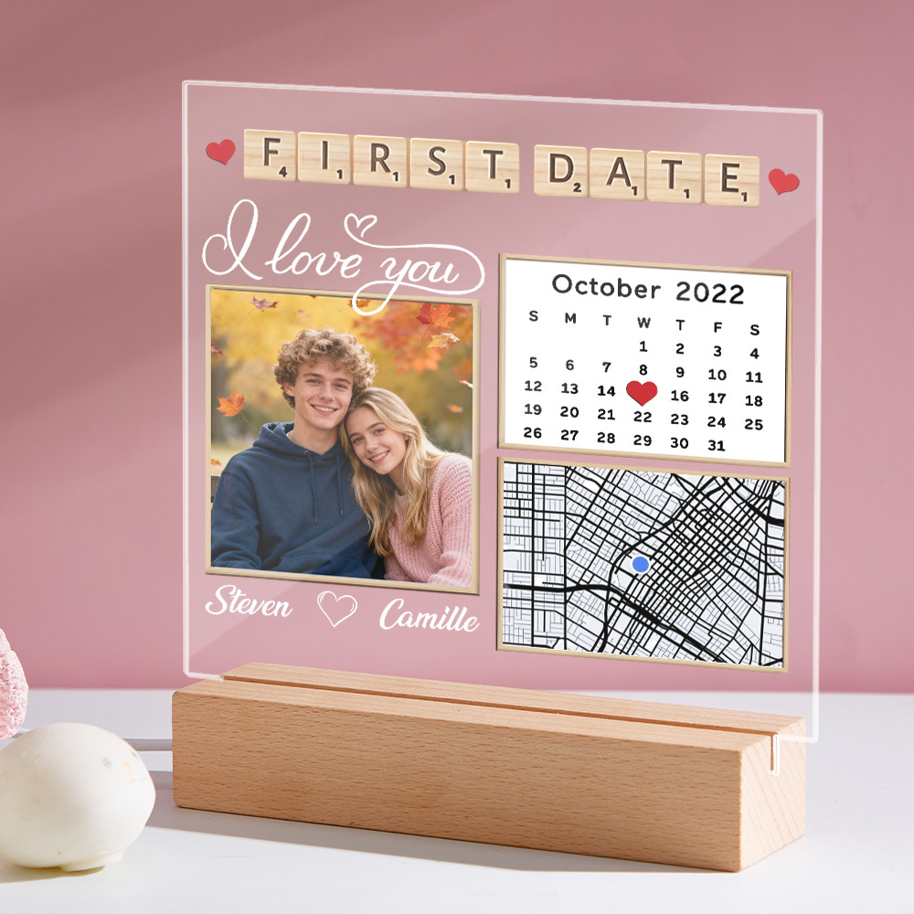 Custom First Date Night Light Personalized Photo Acrytic Lamp Unique Anniversary Gift for Couples, Wedding Keepsake