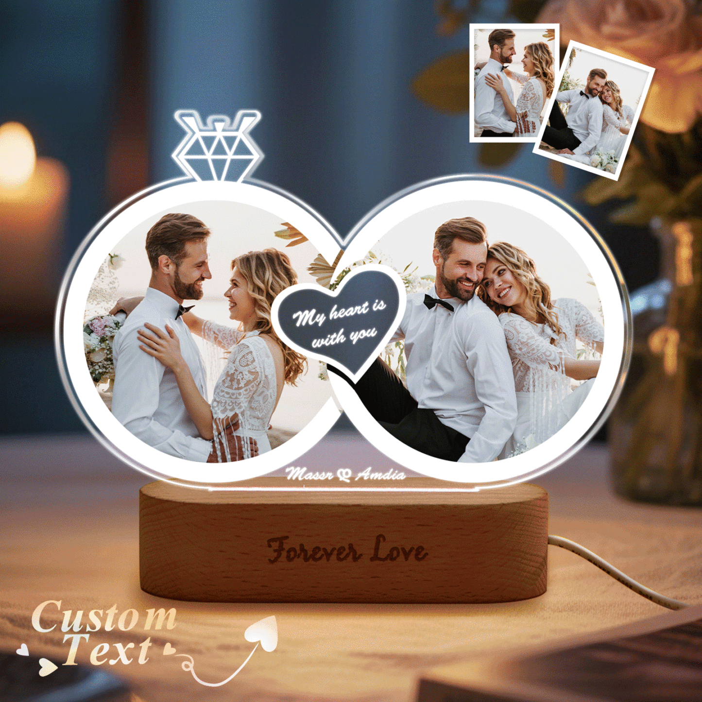 Lampe Led Personnalisée En Forme D'anneau Avec Photo Et Texte, Cadeau Pour Amoureux, Couples, Fiançailles, Mariage, Anniversaire