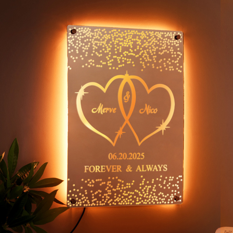 Lampe De Miroir Led Personnalisée Avec Prénoms – Veilleuse En Forme De Cœur, Cadeau D'anniversaire Ou De Mariage