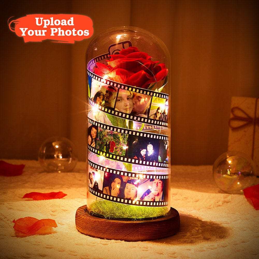 Cadeau De Saint-valentin Personnalisé : Rose Dans Un Dôme En Verre, Lampe Led, Rouleau De Film, Cadeau Pour Anniversaire - CustWitFR