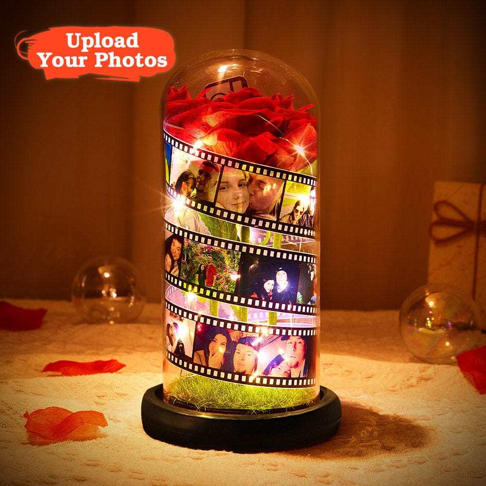 Cadeau De Saint-valentin Personnalisé : Rose Dans Un Dôme En Verre, Lampe Led, Rouleau De Film, Cadeau Pour Anniversaire - CustWitFR