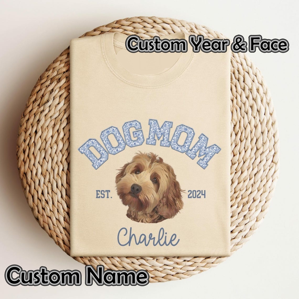 Personalized Dog Mom Shirt Custom Dog Portrait Dog Mama Est Shirt Cotton T-shirt