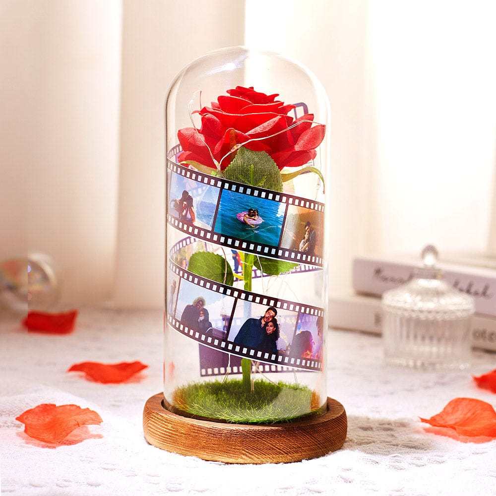 Cadeau De Saint-valentin Personnalisé : Rose Dans Un Dôme En Verre, Lampe Led, Rouleau De Film, Cadeau Pour Anniversaire - CustWitFR