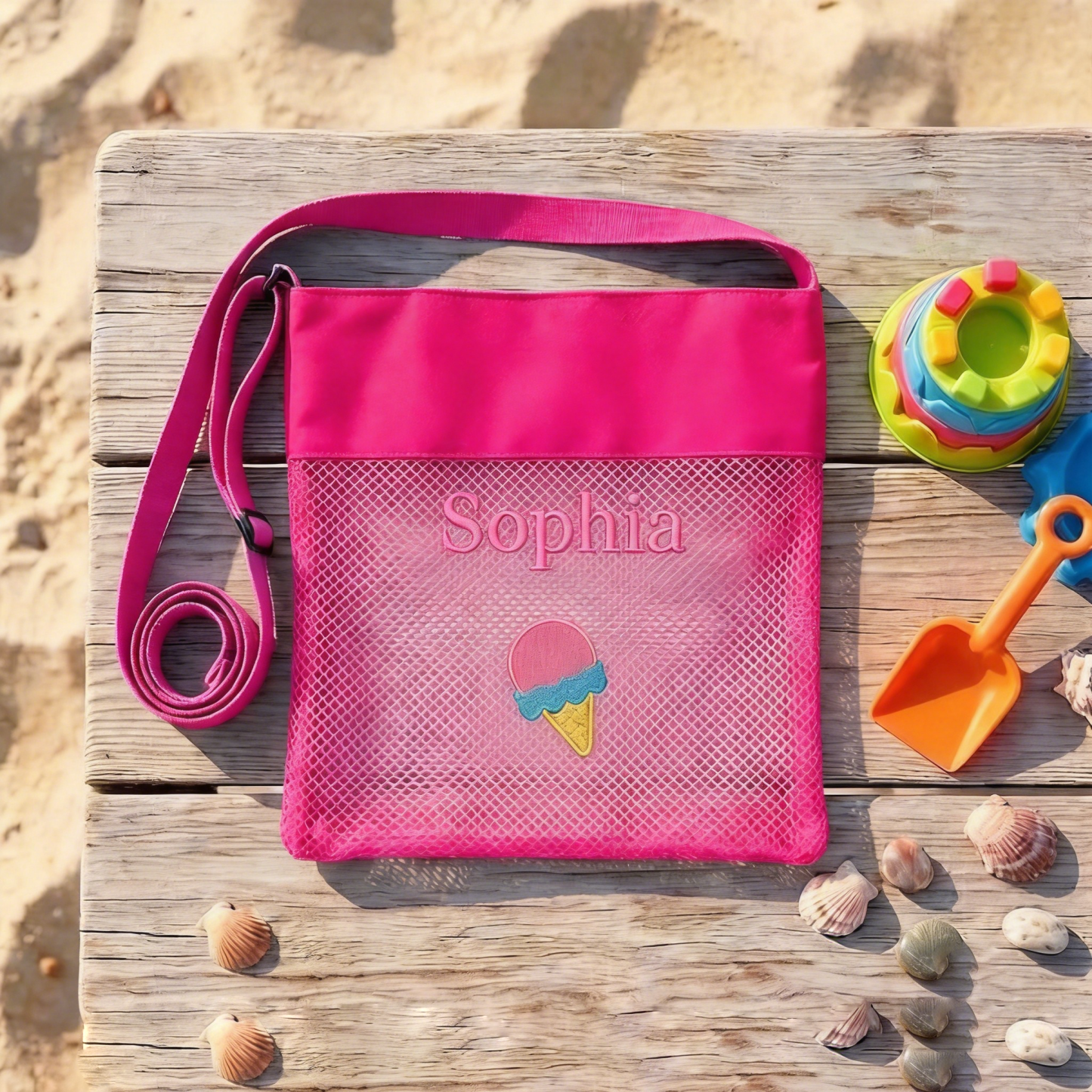 Sac De Plage En Maille Brodé Personnalisé, Fourre-tout De Collection De Coquilles De Nom Personnalisé Pour Enfants, Cadeau D'anniversaire De Vacances D'été, Sac De Piscine, Cadeau Pour Enfant - CustWitFR
