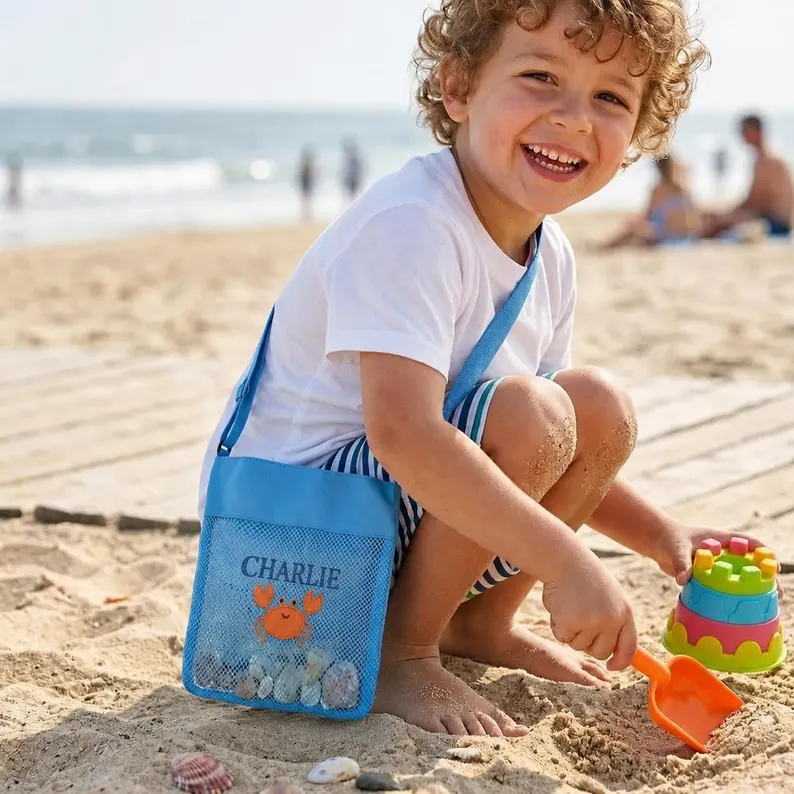 Sac De Plage En Maille Brodé Personnalisé, Fourre-tout De Collection De Coquilles De Nom Personnalisé Pour Enfants, Cadeau D'anniversaire De Vacances D'été, Sac De Piscine, Cadeau Pour Enfant