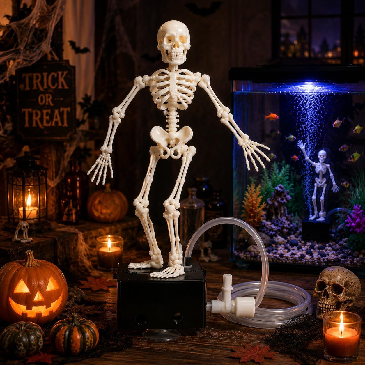 Bulleur D'aquarium Squelette Dansant, Décor Oxygénant De Crâne Mobile Imprimé Sous-marin Créatif En 3D Avec Tuyau D'air De 1 Mètre, Bulles Réglables En Résine, Cadeau Amusant Pour Tous Les Amateurs De Poissons