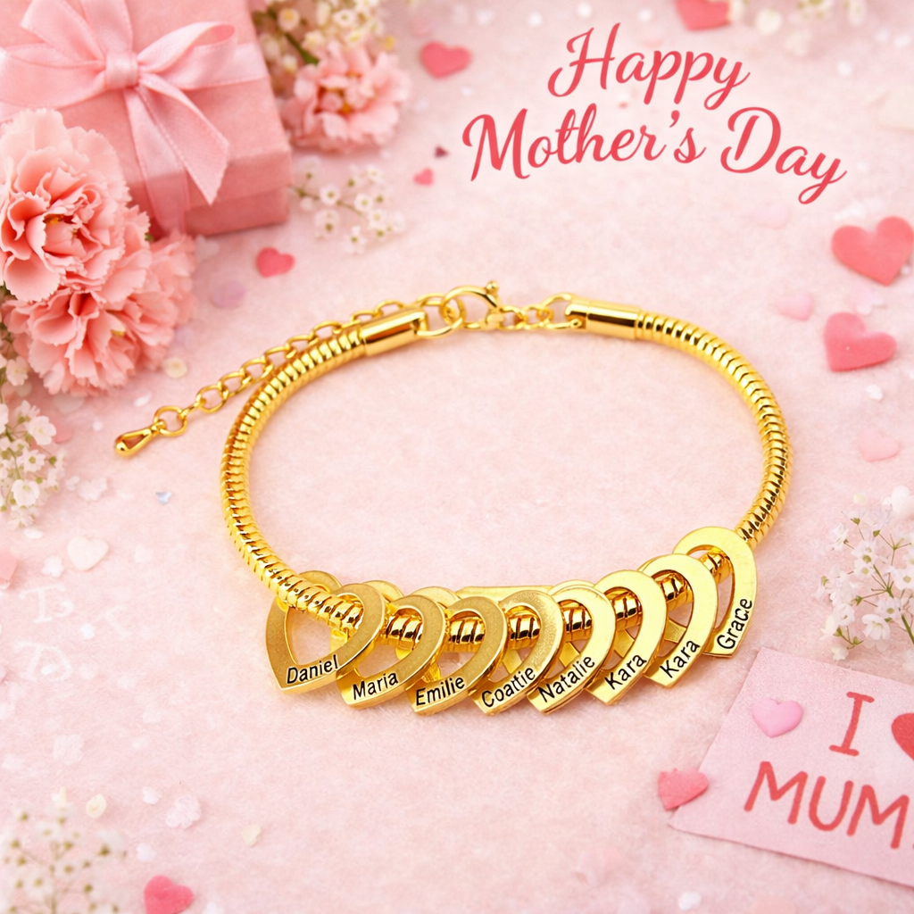 Bracelet Personnalisé Avec Breloque Cœur Délicate Et 1 À 12 Noms Gravés - Bijou De Famille - Cadeau Idéal Pour La Fête Des Mères, Un Anniversaire Ou Pour Maman/grand-mère