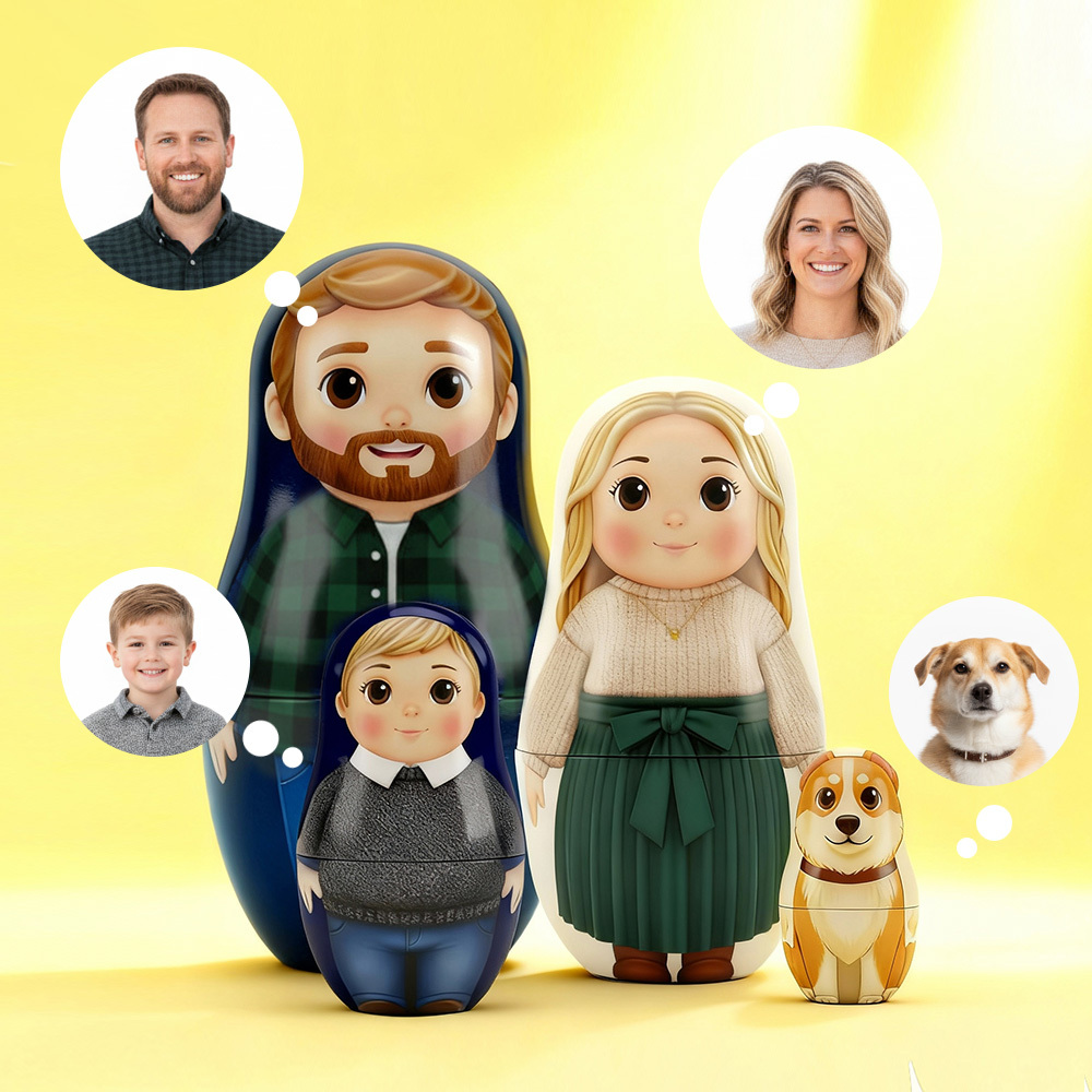 Marioska Personalizzata Con Ritratto Di Famiglia, Foto Personalizzata, Stile Cartone Animato, Regalo Di Natale Con Foto