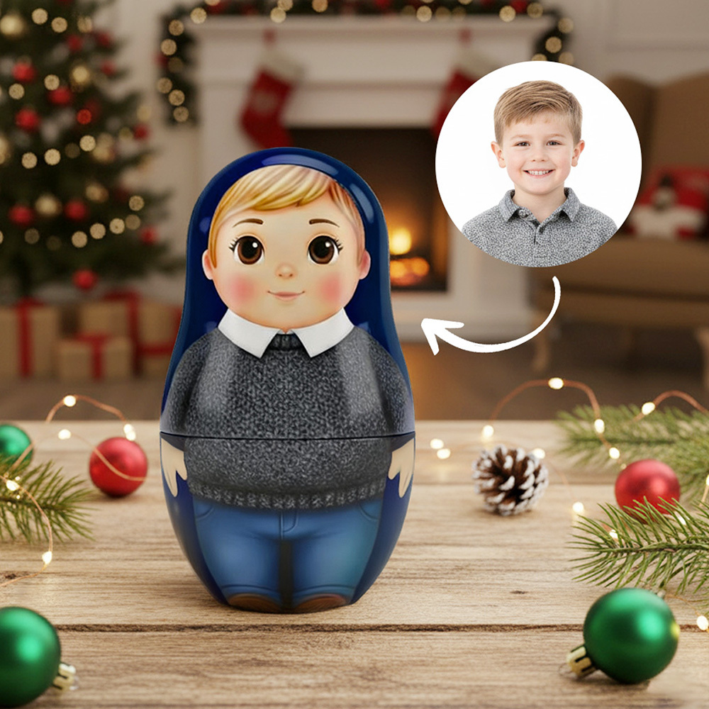 Marioska Personalizzata Con Ritratto Di Famiglia, Foto Personalizzata, Stile Cartone Animato, Regalo Di Natale Con Foto