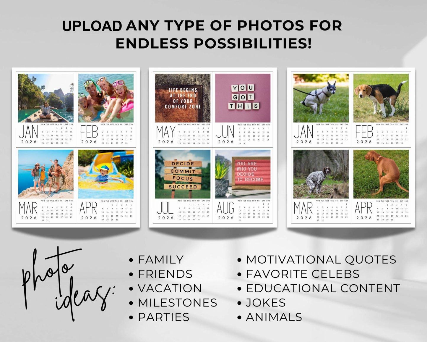 Calendario Fotografico Personalizzato 2026 Calendario Mensile Download Digitale
