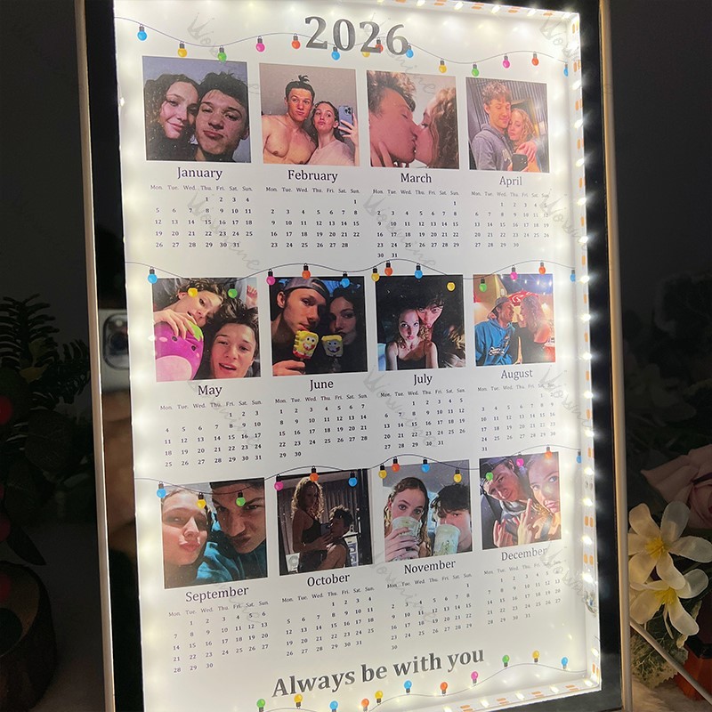 Custom 2026 Photo Calendar Mirror Light, Unique Anniversary, Christmas & Couples Gift