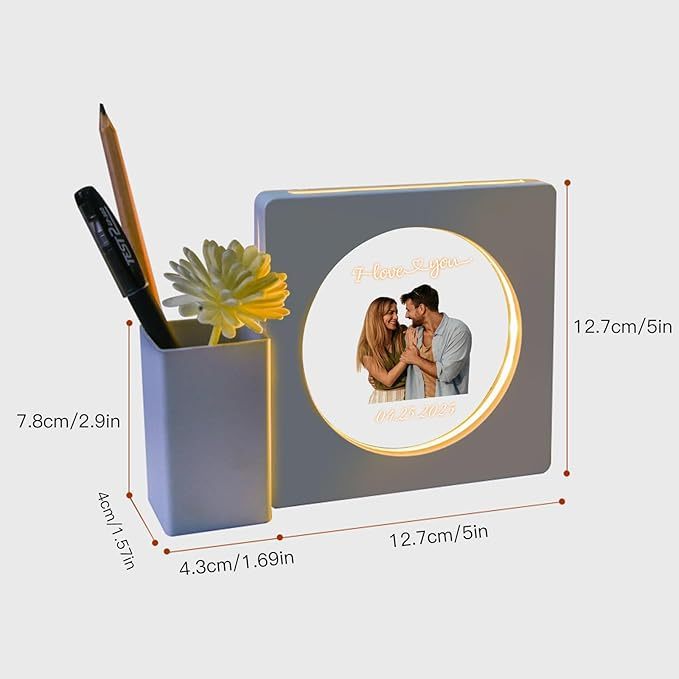 Custom Photo & Text Acrylic Pen Holder Lamp – Romantic Desk Light, Valentine’s Day Gift, Multi-Purpose for Office, Kids, or Couples