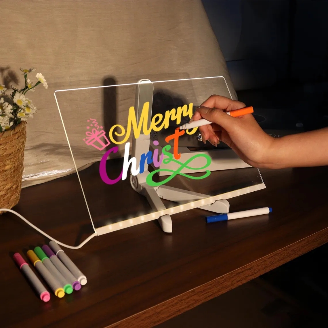 Lavagna Luminosa A Led Magica Natalizia - Luce Notturna In Acrilico Per Messaggi E Disegni Con Pennarelli A 7 Colori E Supporto, Alimentazione Tramite USB