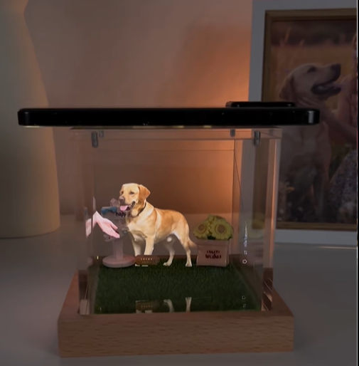 Casa Olografica Digitale Per Animali Domestici Con Base In Legno