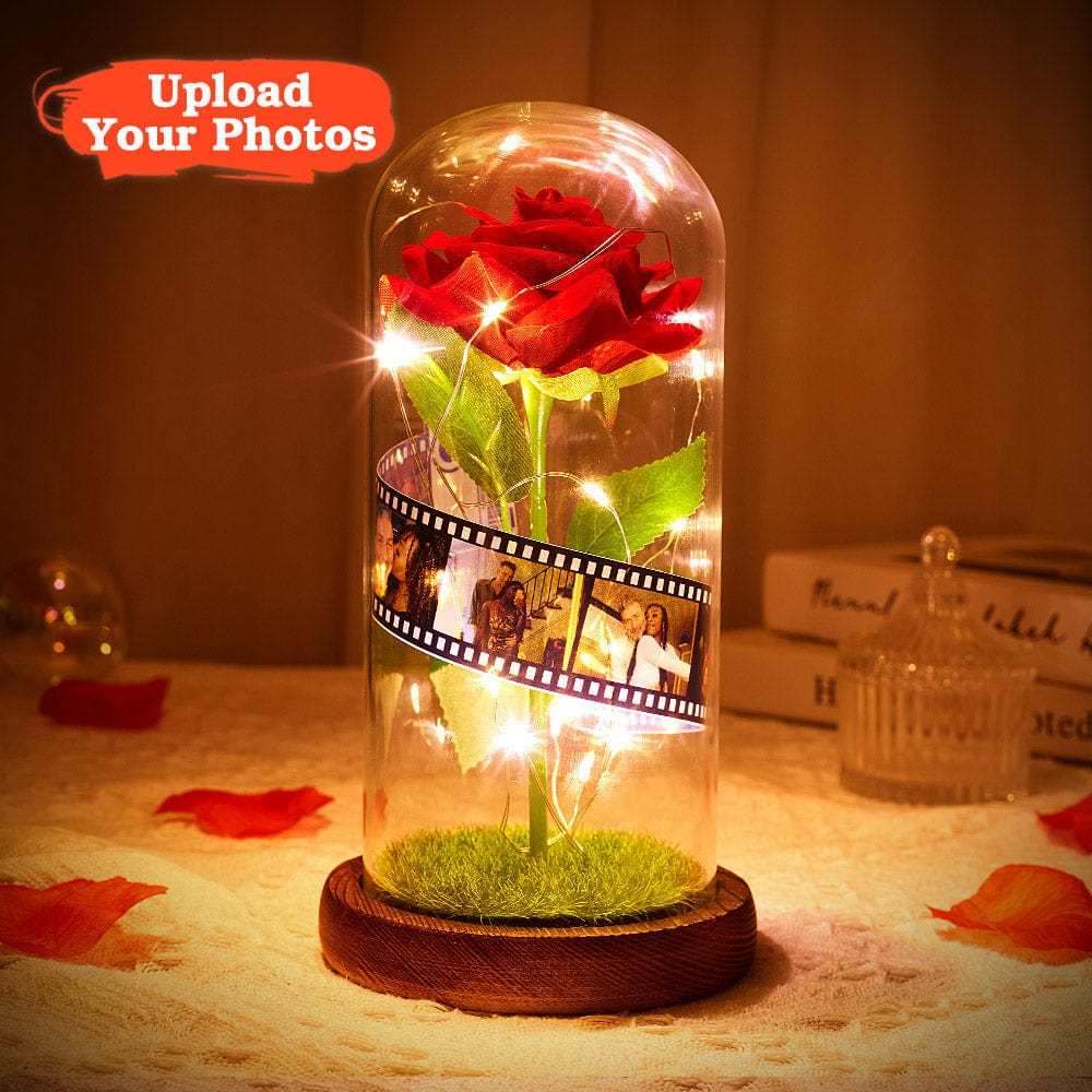 Regalo Di San Valentino Personalizzato: Rosa In Pellicola A Cupola Di Vetro Con Lampada A Led, Regalo Per Anniversario - 