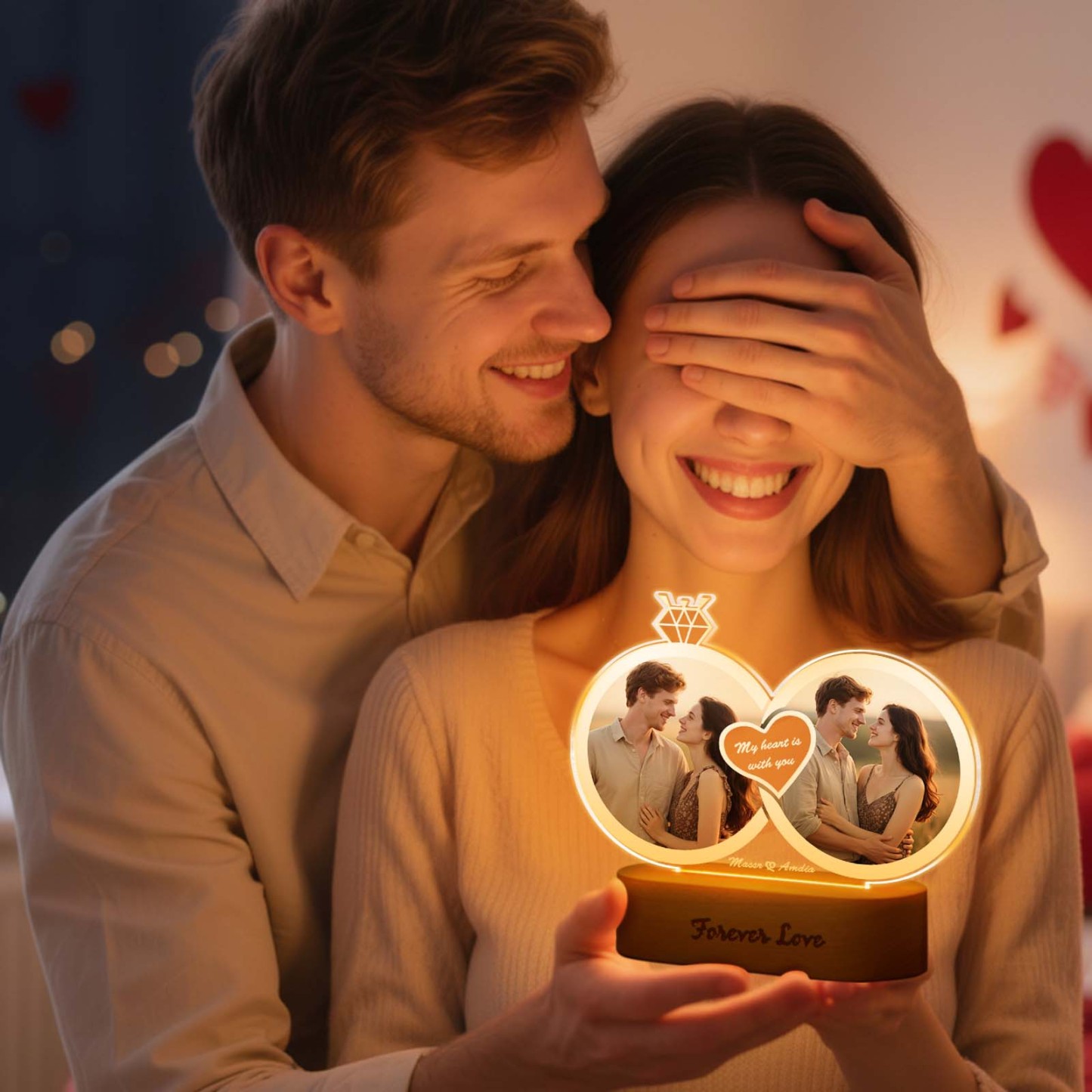 Lampada Led A Forma Di Anello Con Foto E Testo Personalizzati, Regalo Per Coppie Di Innamorati, Fidanzamento, Matrimonio, Anniversario