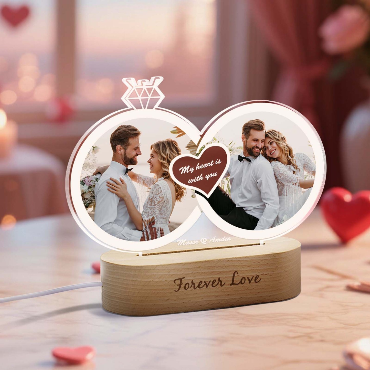 Lampada Led A Forma Di Anello Con Foto E Testo Personalizzati, Regalo Per Coppie Di Innamorati, Fidanzamento, Matrimonio, Anniversario