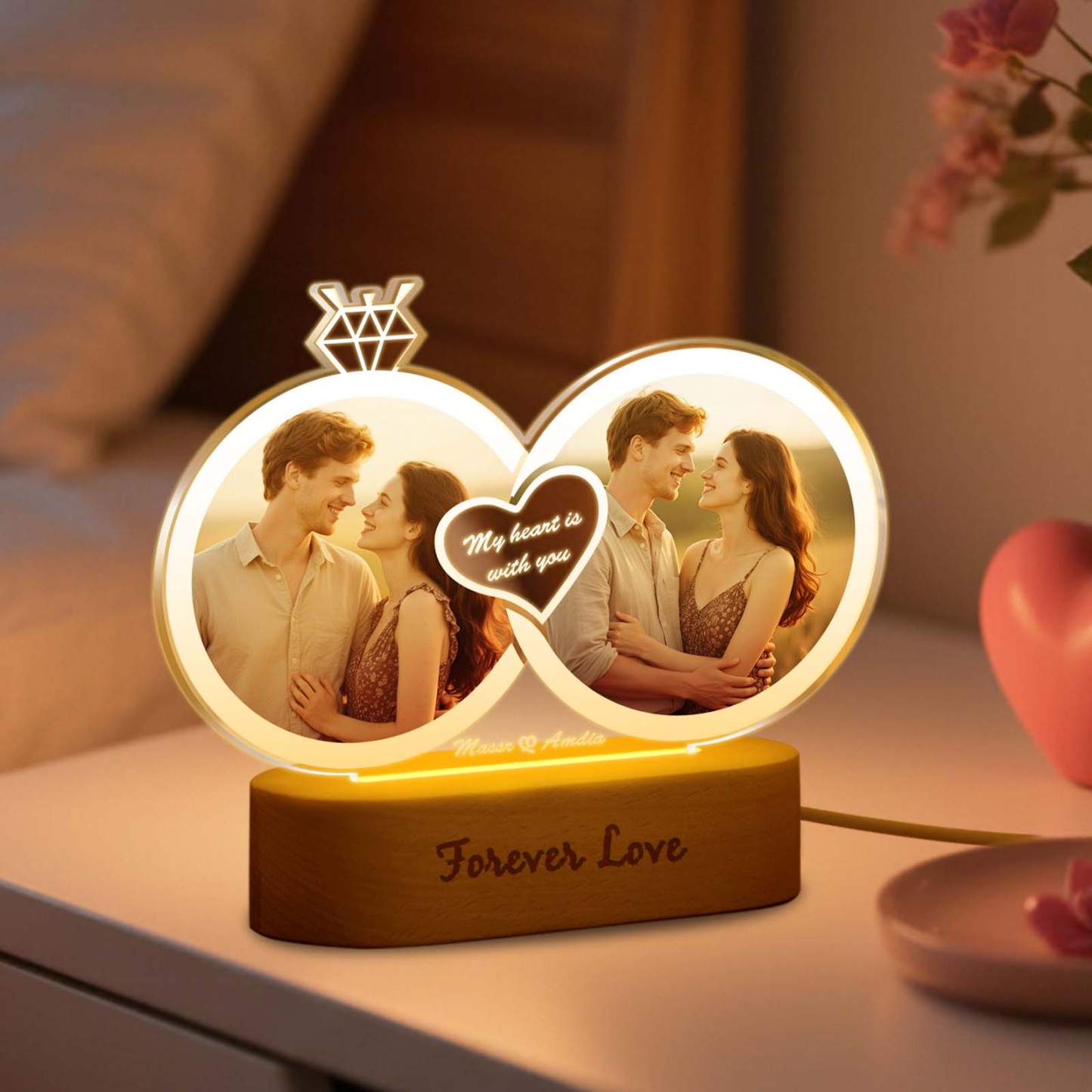Lampada Led A Forma Di Anello Con Foto E Testo Personalizzati, Regalo Per Coppie Di Innamorati, Fidanzamento, Matrimonio, Anniversario