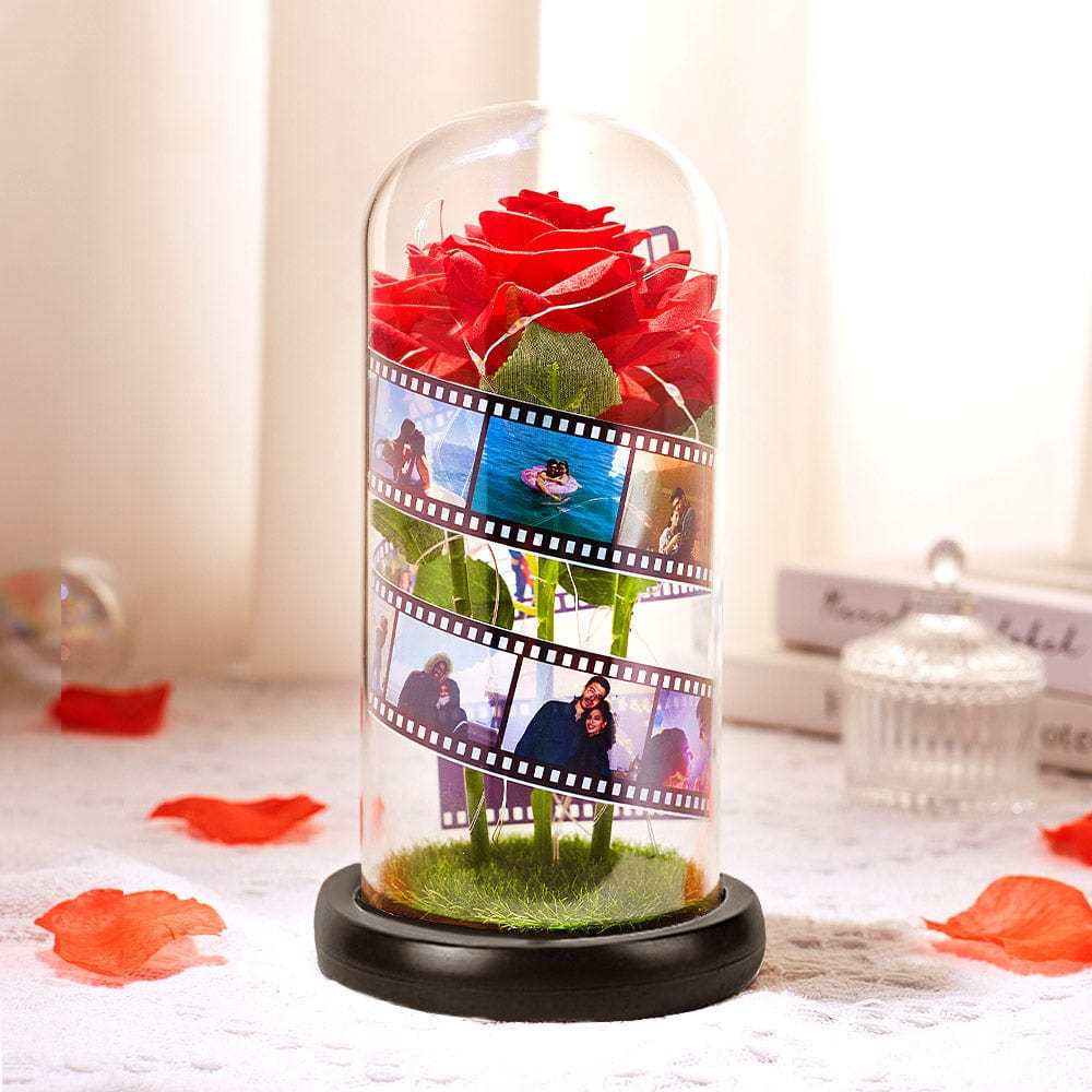 Regalo Di San Valentino Personalizzato: Rosa In Pellicola A Cupola Di Vetro Con Lampada A Led, Regalo Per Anniversario - 