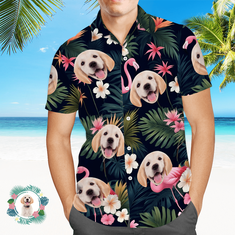 Camicia Hawaiana Da Uomo Con Stampa Personalizzata Del Volto, Motivo Fenicottero, Fiori E Foglie, Regalo Per Lui - 