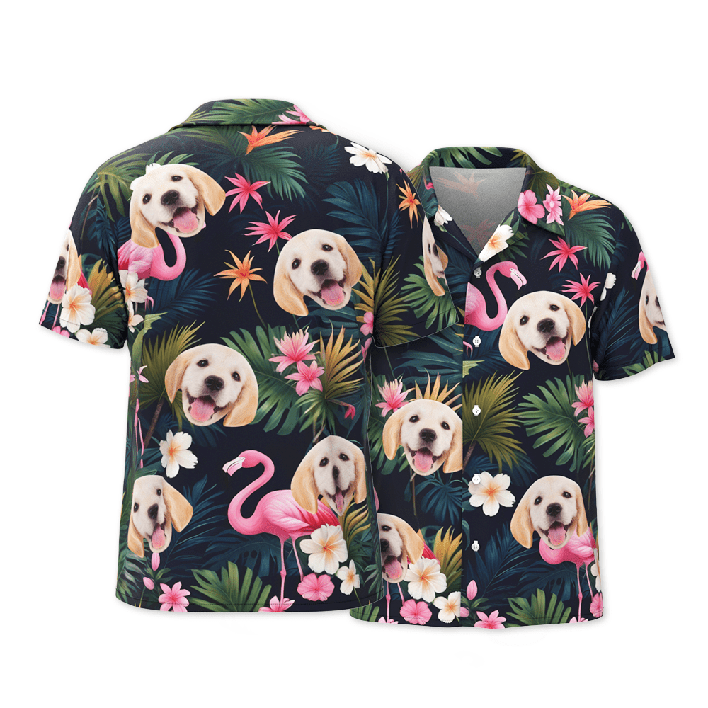 Camicia Hawaiana Da Uomo Con Stampa Personalizzata Del Volto, Motivo Fenicottero, Fiori E Foglie, Regalo Per Lui - 