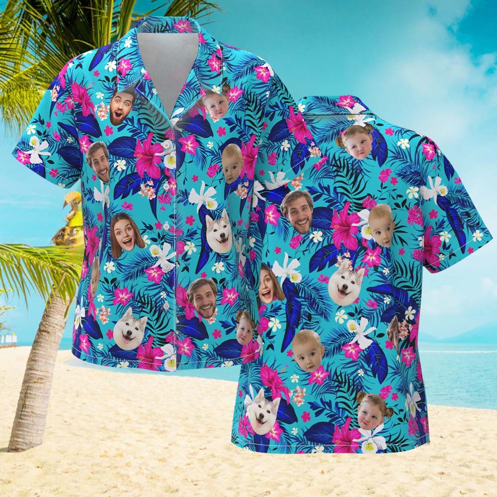 Camicia Hawaiana Personalizzata Con Logo Stampato Su Tutta La Superficie, Camicia Hawaiana Con Fiori Rosa Per Lei - 