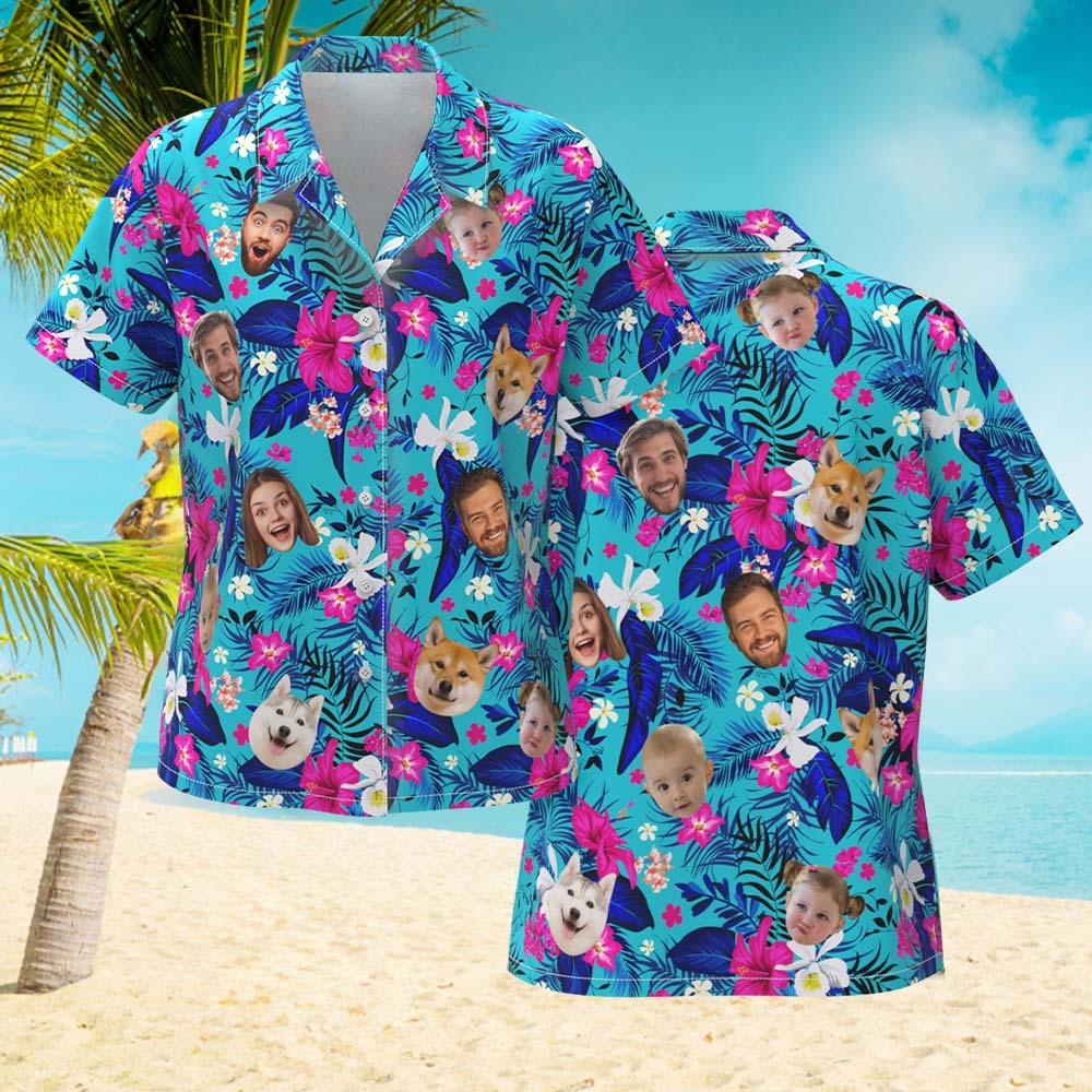 Camicia Hawaiana Personalizzata Con Logo Stampato Su Tutta La Superficie, Camicia Hawaiana Con Fiori Rosa Per Lei - 