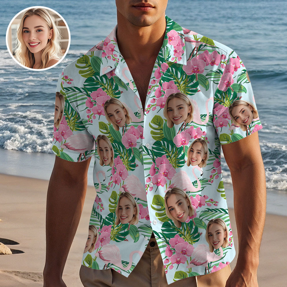 Camicia Hawaiana Personalizzata Con Fiore Rosa Fenicottero E Viso, Camicia Estiva Personalizzata, Regalo Per Le Vacanze - 