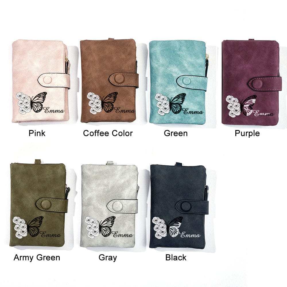 Portafoglio In Pelle A Tre Ante Con Farfalla E Fiore Di Nascita Personalizzato Con Porta Monete, Regalo Personalizzato Per La Festa Della Mamma Per Donna - 