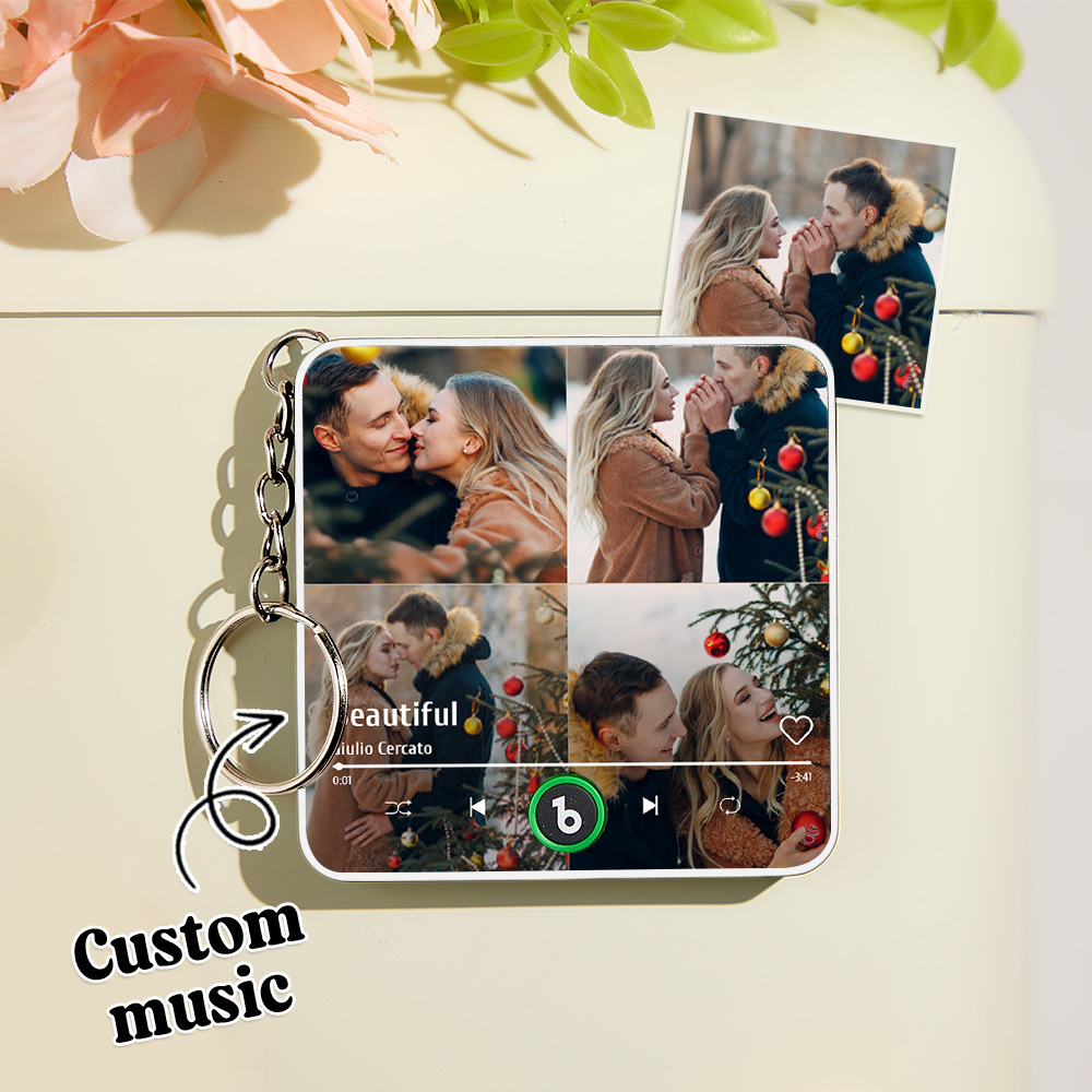 Personalized 4 Photo Music KeyChain Music Box Bag Charm That Plays Music Without Cell Phone Anniversary Gifts - CustWitUK