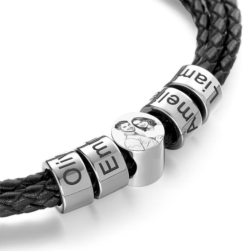 Bracciale In Pelle Personalizzato Per Uomo Con Incisione Personalizzata Da 2 A 6 Nomi, Braccialetti Da Uomo Con Perline Per Il Padre - 