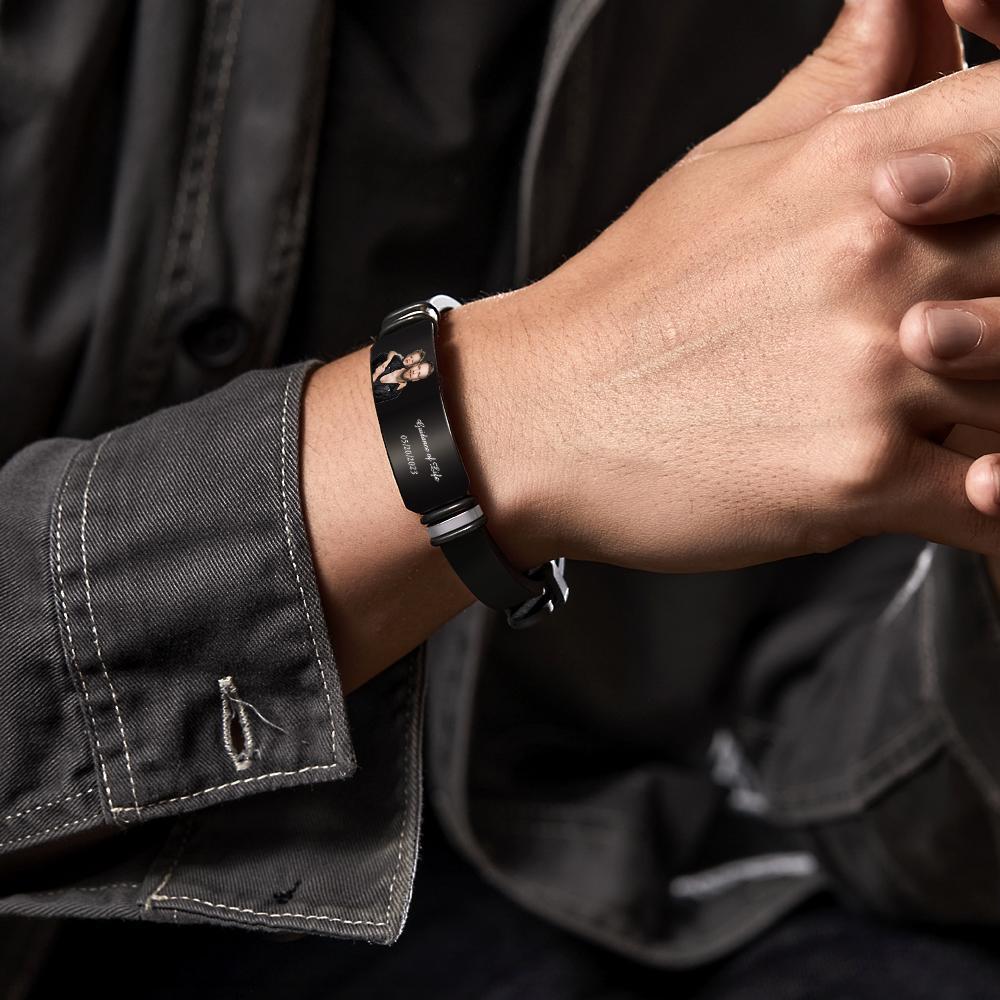 Braccialetto Nero Personalizzato Con Foto Incisa Da Uomo, Braccialetto Personalizzato Per Uomo, Regalo Perfetto Per La Festa Del Papà - 