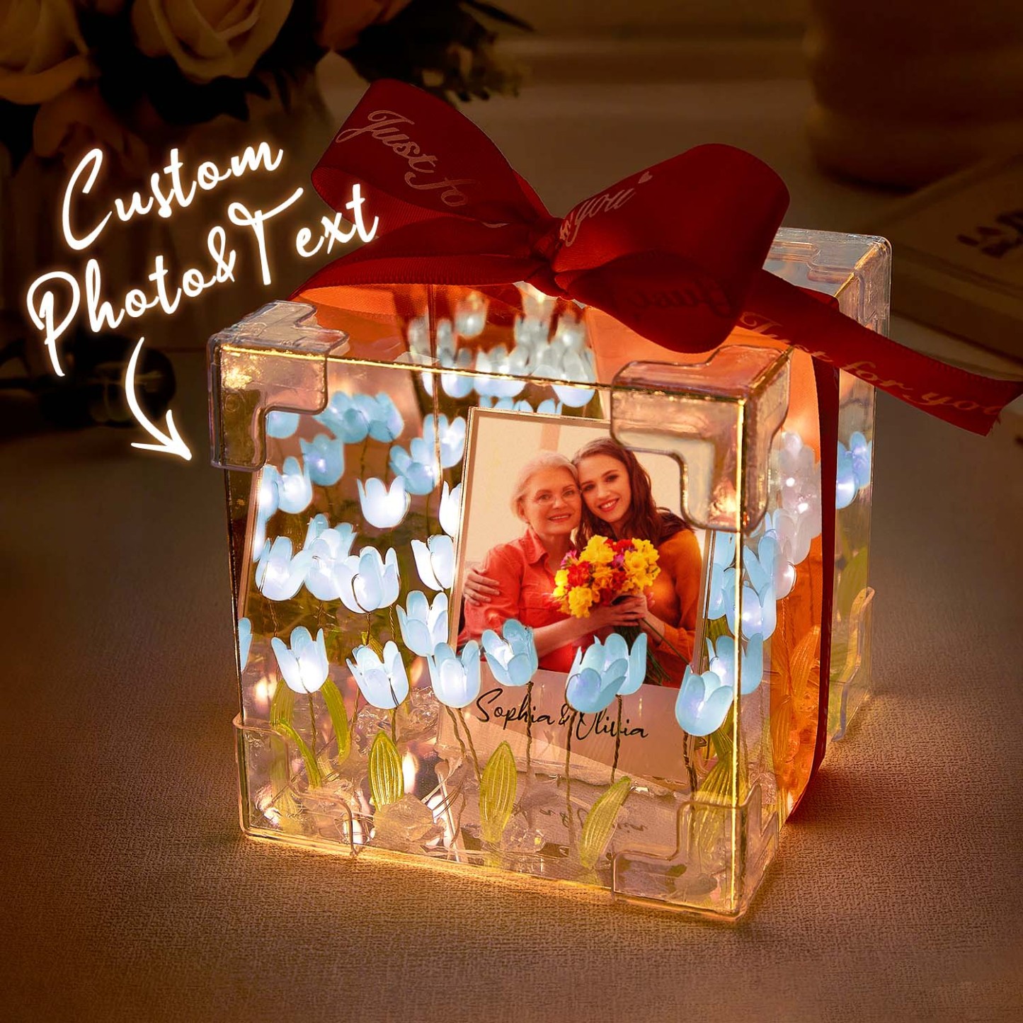 Custom Photo Tulip Flower Infinity Mirror Box Infinity Mirror Flower with Your Picture and Text