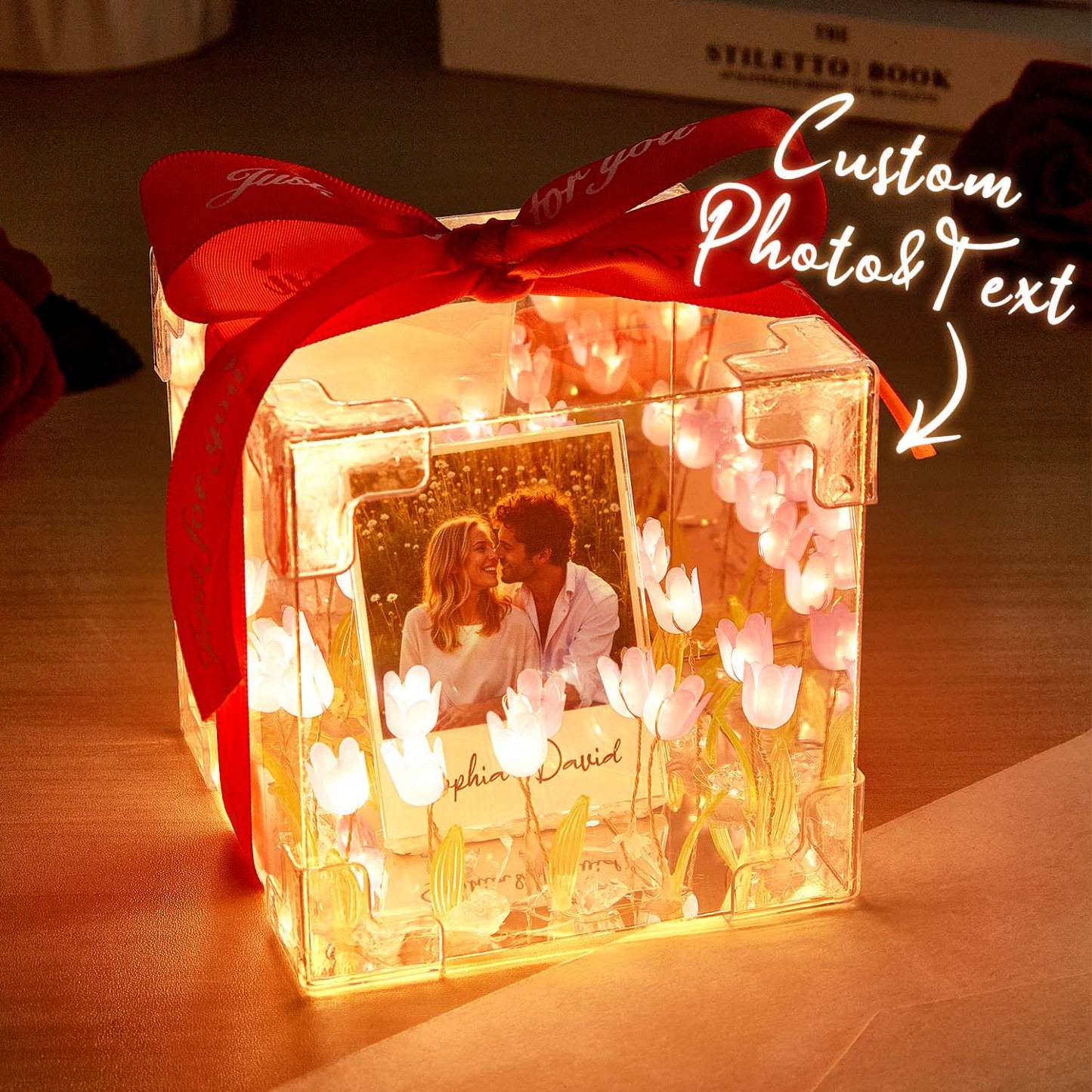 Custom Photo Tulip Flower Infinity Mirror Box Infinity Mirror Flower with Your Picture and Text