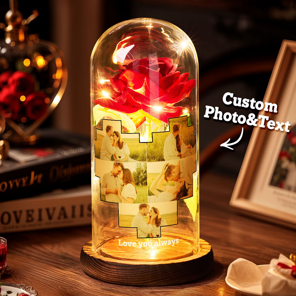 Luce Notturna A Led Con Foto E Testo Personalizzati, A Forma Di Cuore, Con Foto E Rosa Eterna, Con Copertura In Vetro Per Gli Amanti, Regalo Di Anniversario - 