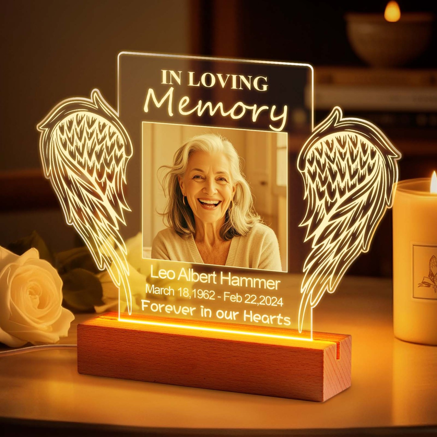 Luce Notturna Commemorativa Personalizzata Con Ali D'angelo E Foto Del Nome In Memoria Di Papà, Mamma, Amico, Regalo Di Condoglianze Per La Perdita Di Una Persona Cara. - 