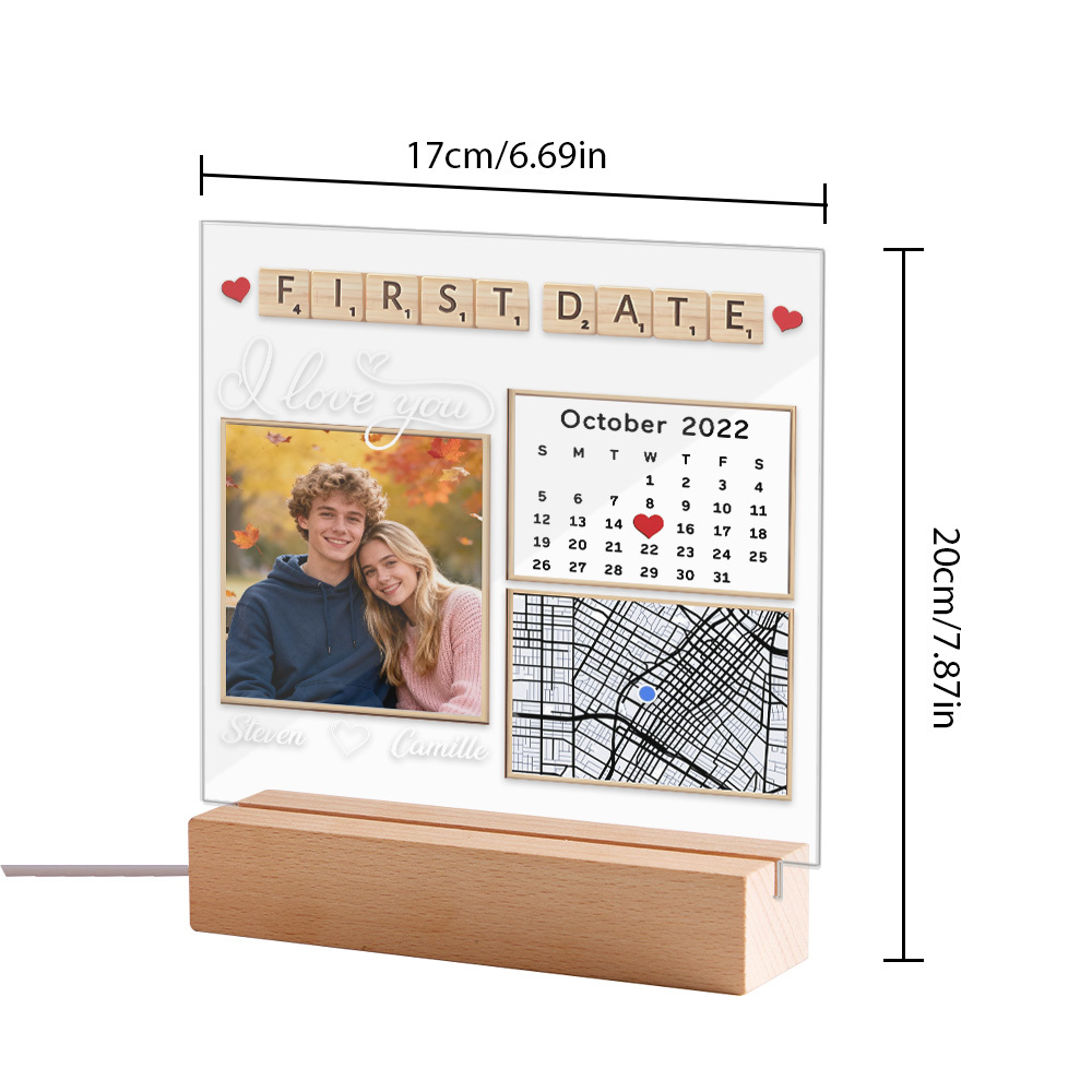 Custom First Date Night Light Personalized Photo Acrytic Lamp Unique Anniversary Gift for Couples, Wedding Keepsake