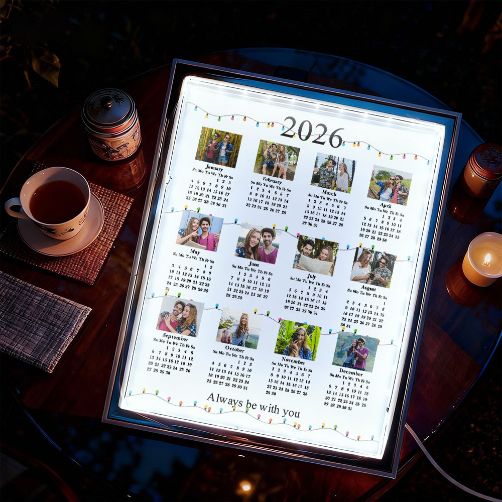 Custom 2026 Photo Calendar Mirror Light, Unique Anniversary, Christmas & Couples Gift