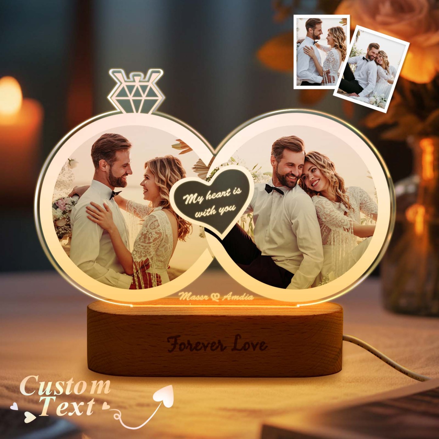 Lampada Led A Forma Di Anello Con Foto E Testo Personalizzati, Regalo Per Coppie Di Innamorati, Fidanzamento, Matrimonio, Anniversario