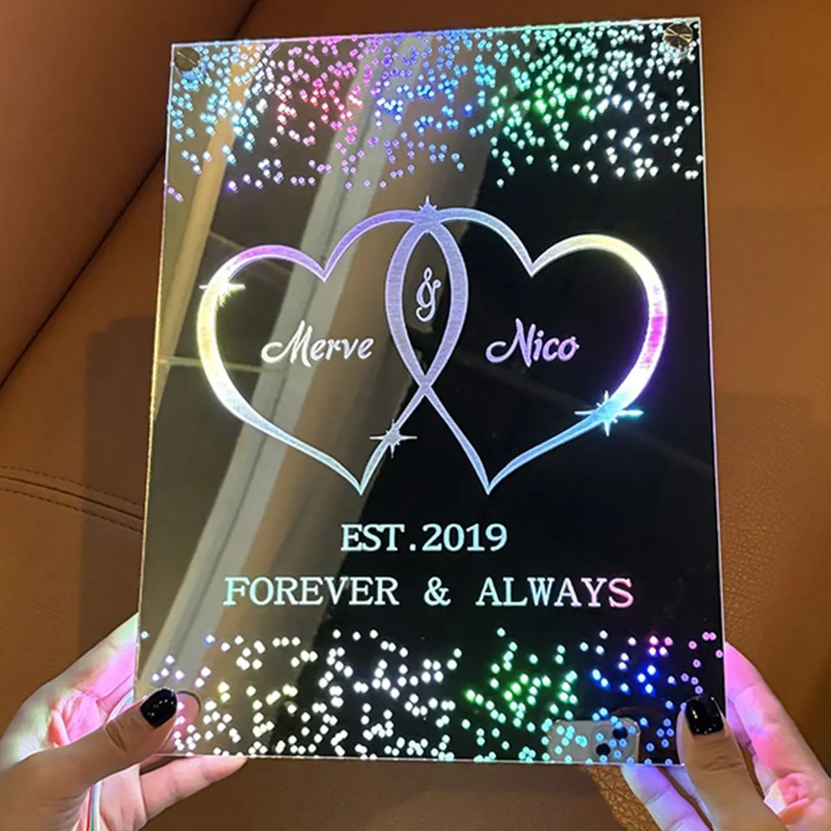 Lampada Da Specchio A Led Personalizzata Con Nomi – Lampada Da Notte Con Design A Cuore Personalizzato, Regalo Per Anniversario O Matrimonio