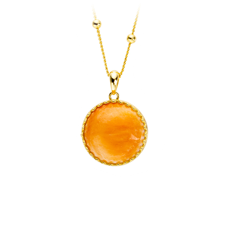 Sunset Orange Round Necklace - Natural Spiny Oyster Shell Pendant with 18K Gold Accent Chain
