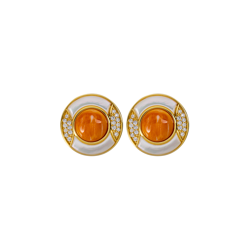 Luxury Geometric Circular Stud Earrings with Natural Spiny Oyster Inlay