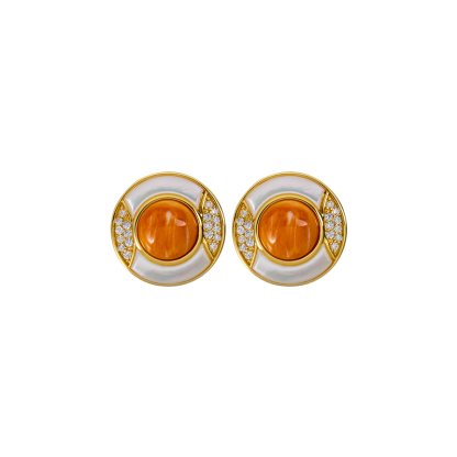 Luxury Geometric Circular Stud Earrings with Natural Spiny Oyster Inlay