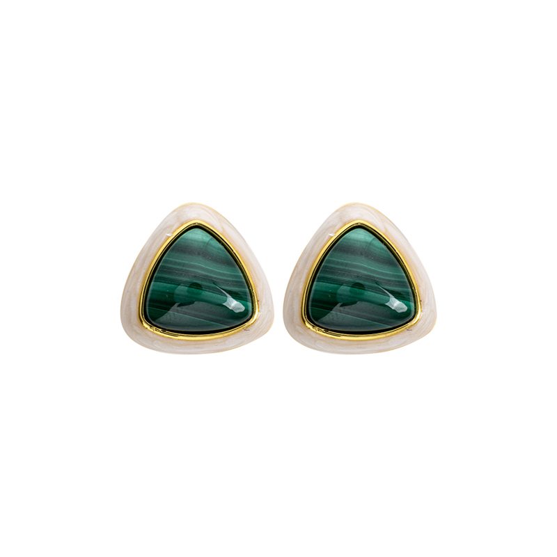 Triangular Resin-Coated Natural Malachite Earrings