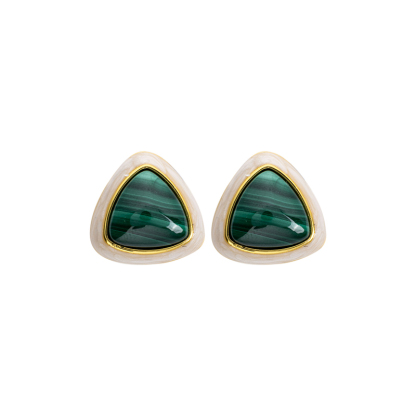 Triangular Resin-Coated Natural Malachite Earrings
